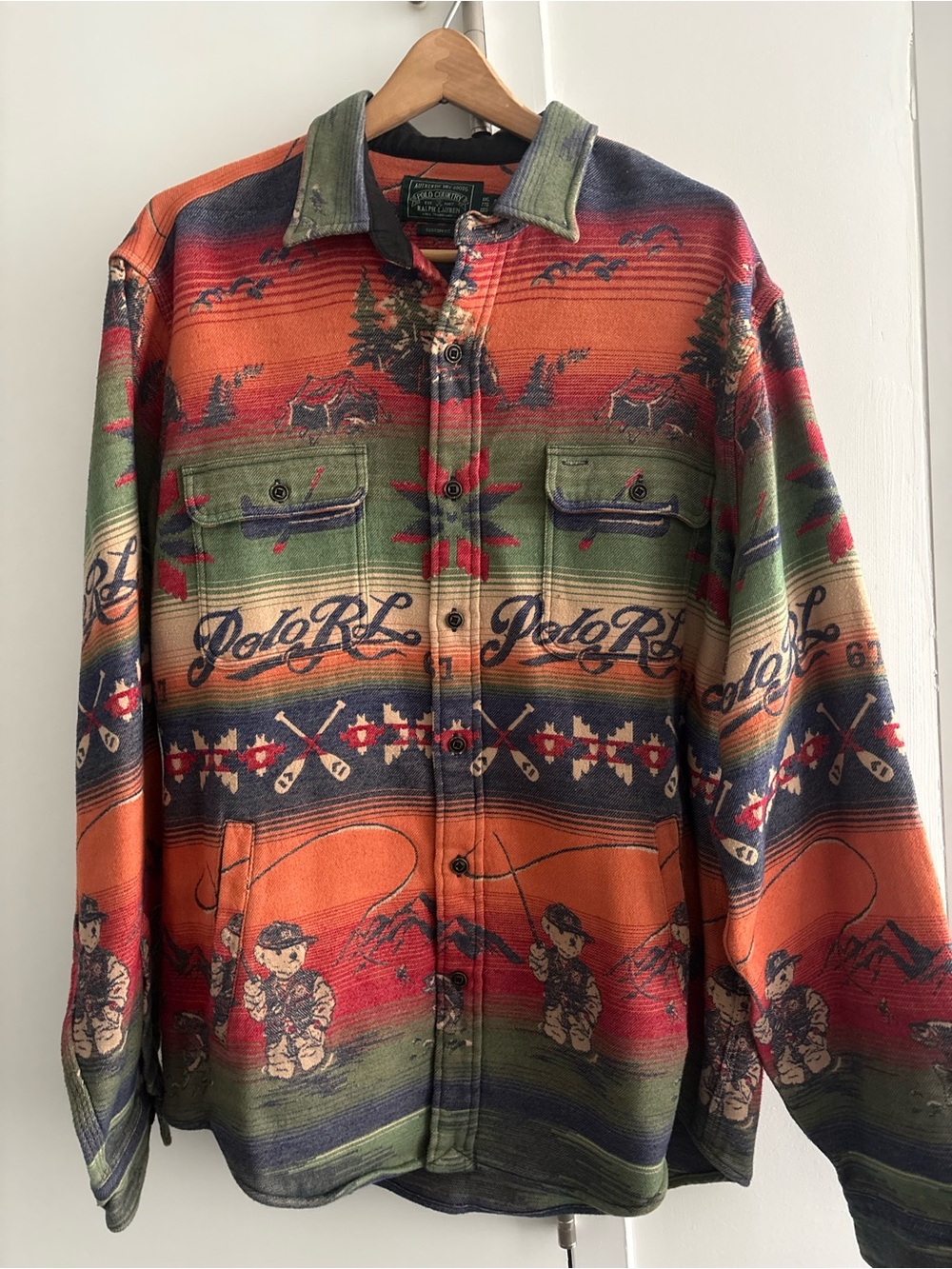 Ralph Lauren Western Fishing Bear Work Shirt Jacket in Orange & Green - Picture 5 of 7